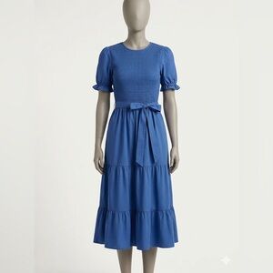 Women’s Short Sleeve Smoked Midi Dress Casual Elastic Waist Tiered A Line Maxi